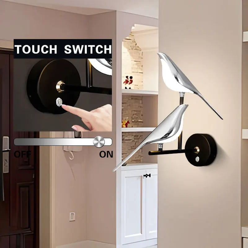 Nordic Touch Switch LED Wall Lamps for Bedside TV Background Gold Silver Magpie Bird  LED Wall Lights Wall Sconce for Corridor