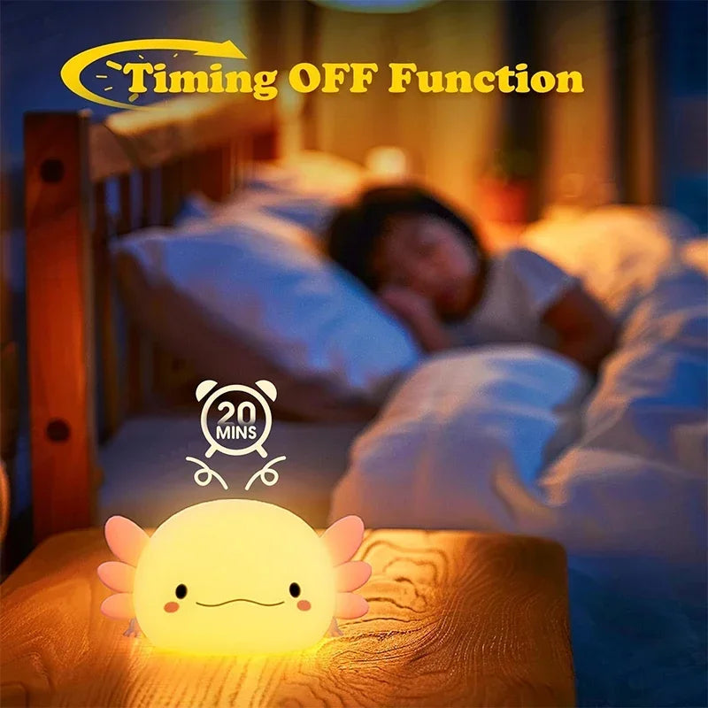 Cute Axolotl Silicone Night Light – USB Rechargeable Touch Control LED Bedside Lamp for Kids & Home Decor