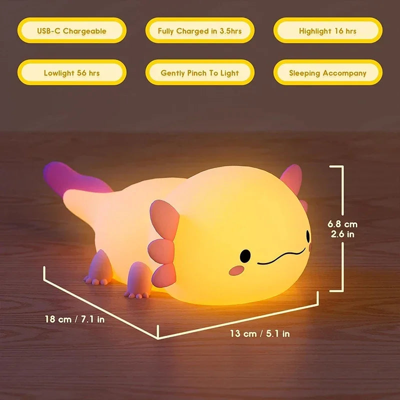 Cute Axolotl Silicone Night Light – USB Rechargeable Touch Control LED Bedside Lamp for Kids & Home Decor