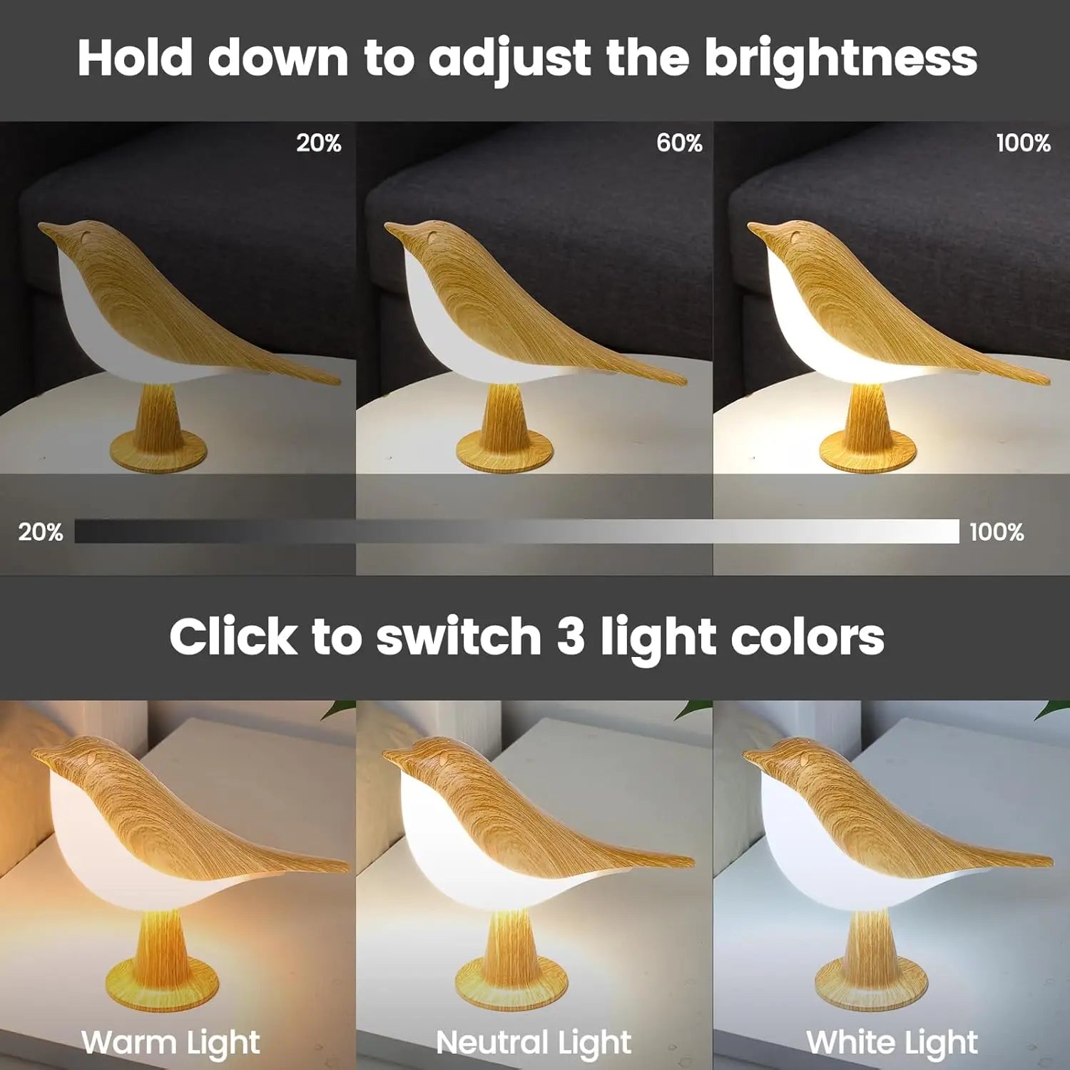 Small Desk Lamp, Bird Lamp Bedside Lamps with 3 Color Temperature and Touch Sensor,Cordless Lamp Kids Night Light
