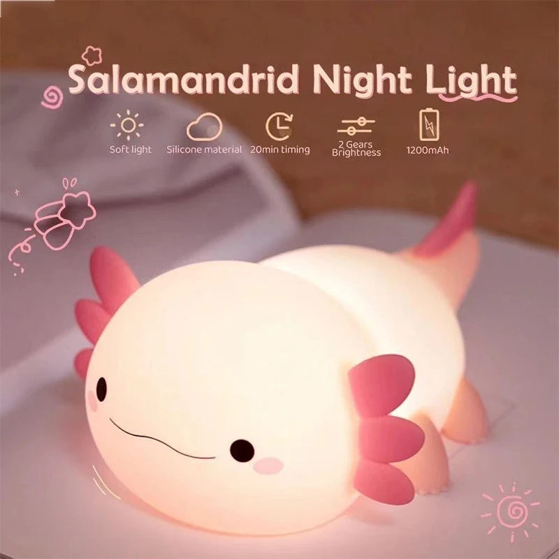 Cute Axolotl Silicone Night Light – USB Rechargeable Touch Control LED Bedside Lamp for Kids & Home Decor