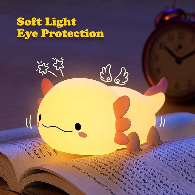 Cute Axolotl Silicone Night Light – USB Rechargeable Touch Control LED Bedside Lamp for Kids & Home Decor