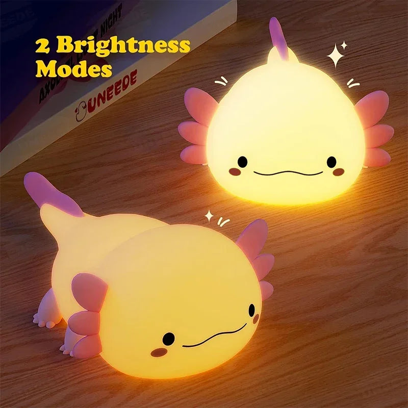Cute Axolotl Silicone Night Light – USB Rechargeable Touch Control LED Bedside Lamp for Kids & Home Decor
